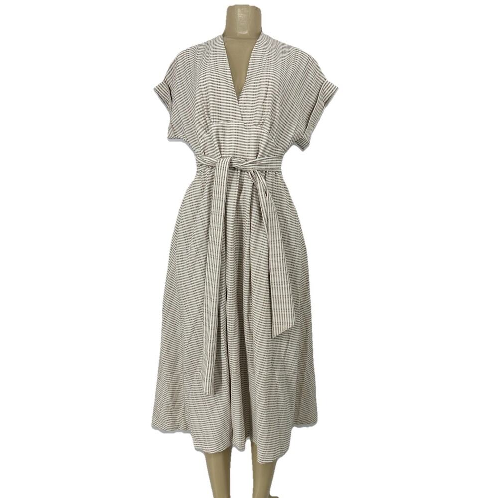 Antonio Melani 4 Women Striped Fit Flare Sundress Dress Midi Belted V-neck E15
